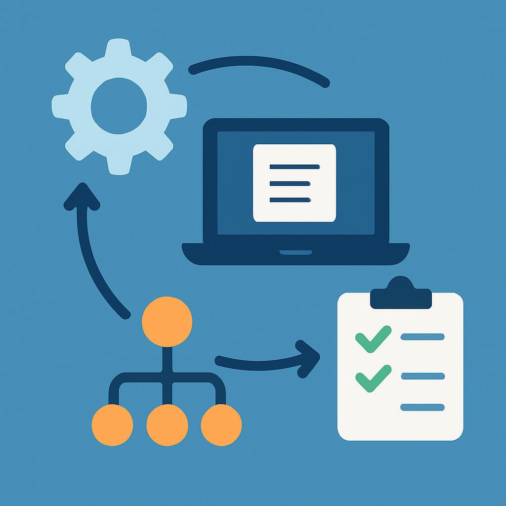 A simplified computer system diagram comprising four main components: devices, checklists, data flow, and a cogwheel.