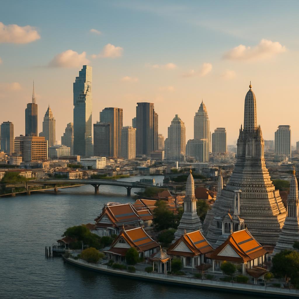 Skyline of Bangkok, Thailand, featuring modern city architecture and ancient Asian temples.