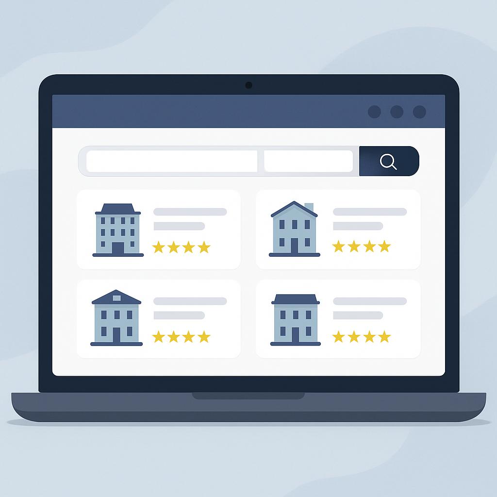 A graphic of a laptop displaying a website with reviews of multiple houses or buildings.