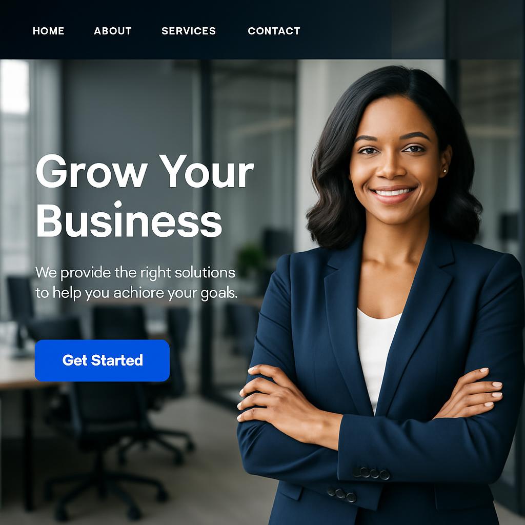 Image for a business website header. 'Happy businesswoman with arms crossed, business office behind her with large picture...