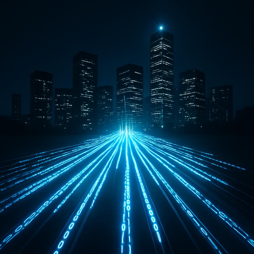 A cityscape with tall buildings and bright blue digital lights radiating from the front foreground.