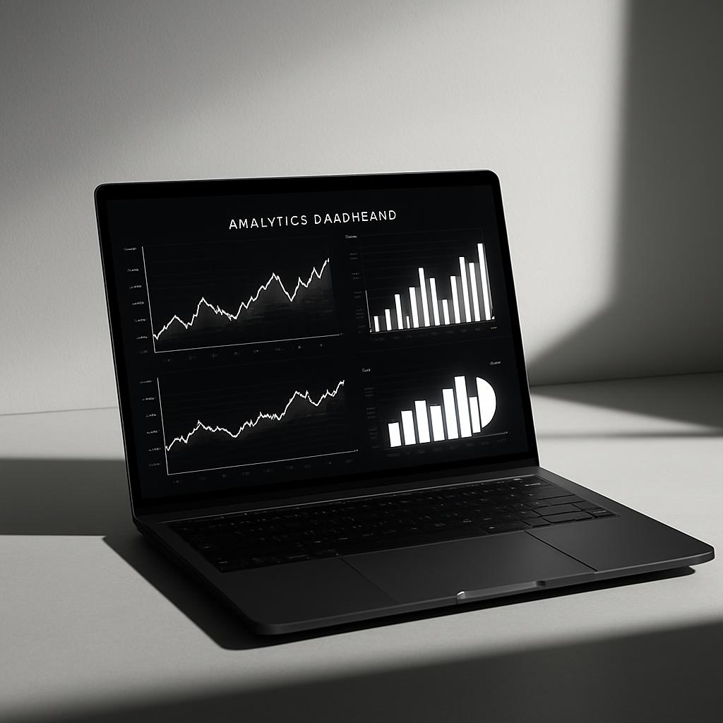 A laptop with an open screen displaying various graphs and charts, titled "Analytics Dashboard".