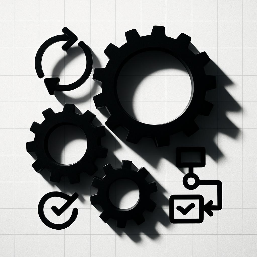 Information and processes in progress are visually represented by a composition of black-and-white gear icons arranged wit...