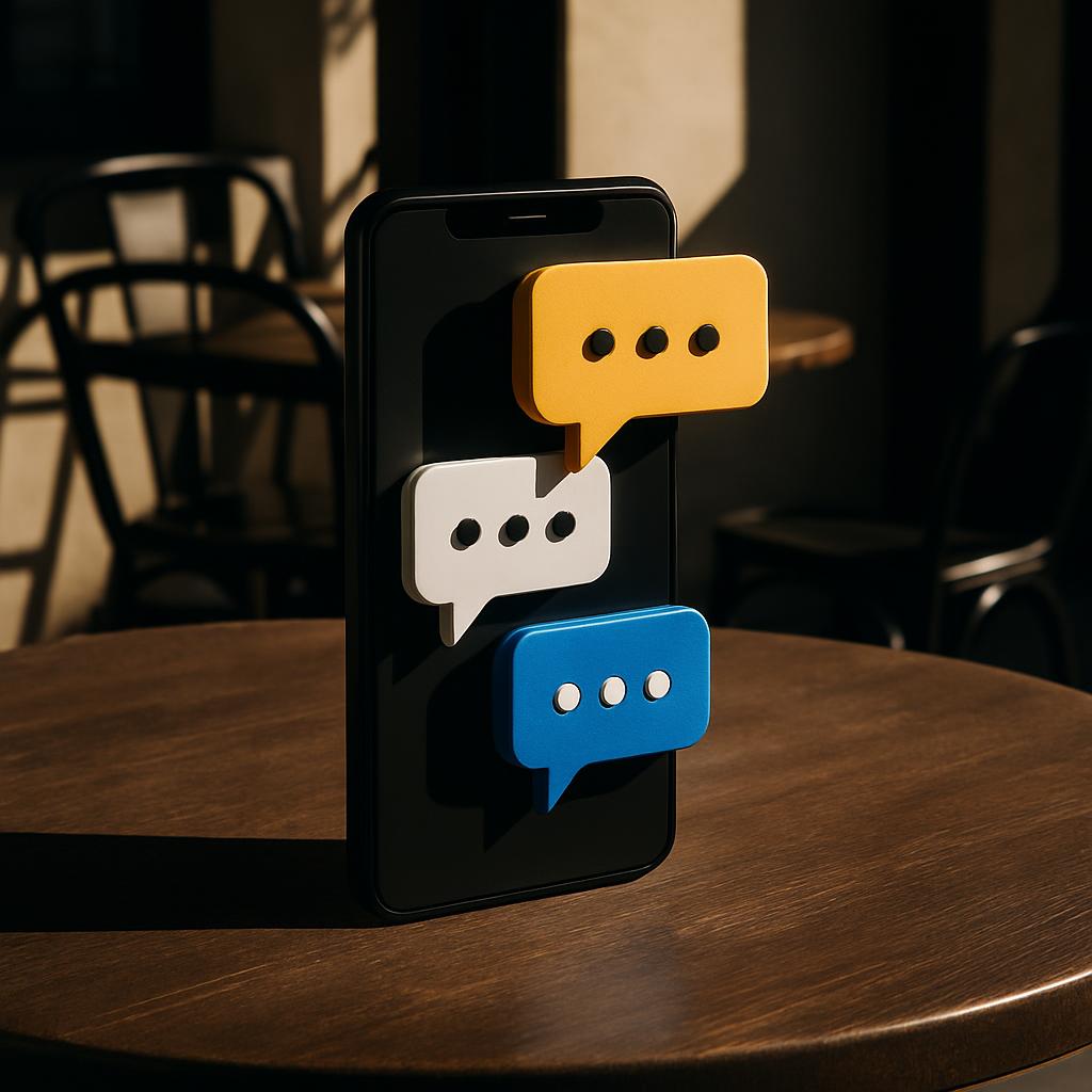 Cell phone on table displaying message symbols.