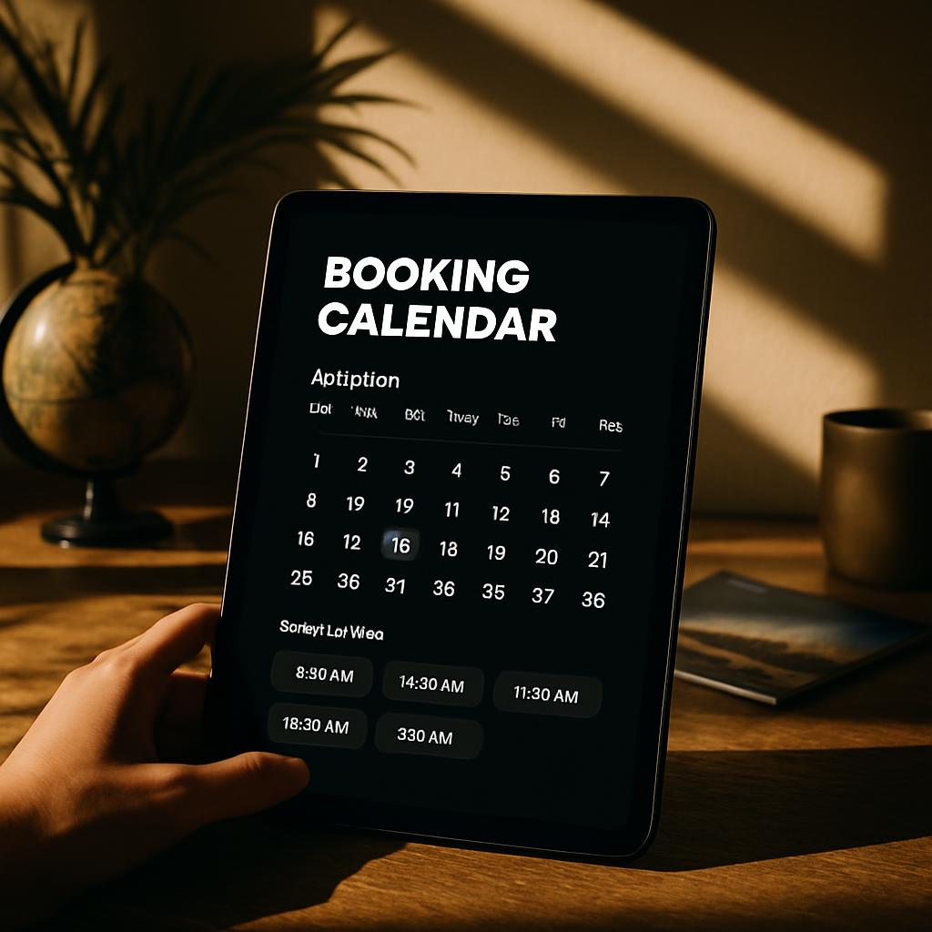 A modern tablet on a wooden desk, showing a dark brown screen with a white calendar for the upcoming three days. In the ca...