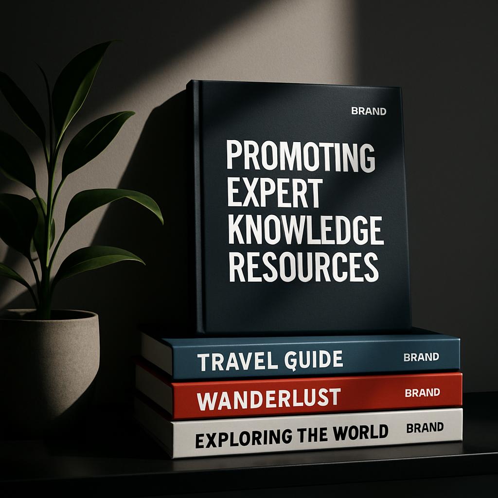 This image shows a stack of books with a fake green plant on the left. The top most book titled "PROMOTING EXPERT KNOWLEDG...