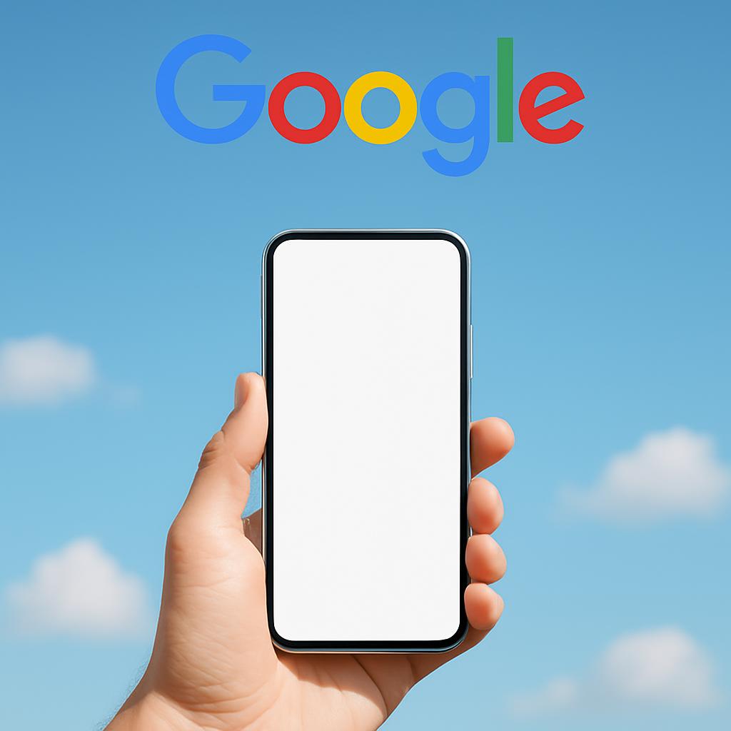 Image of a smartphone held against a blue sky with clouds, overlaid with the Google logo.