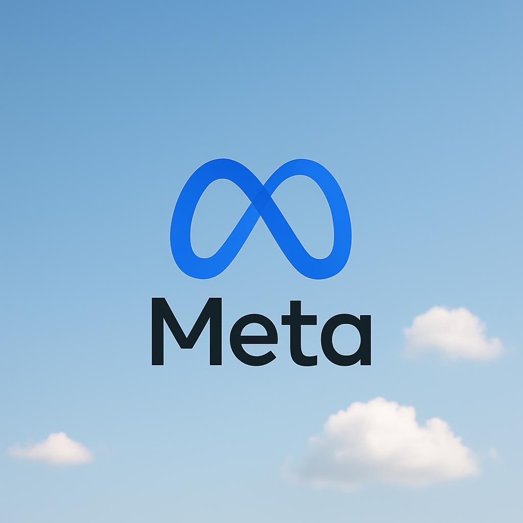The image depicts the Meta logo against a light blue sky with white clouds, set against a solid color blue background.