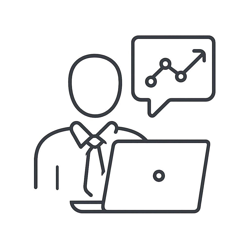 A person working on a laptop with a graph icon.